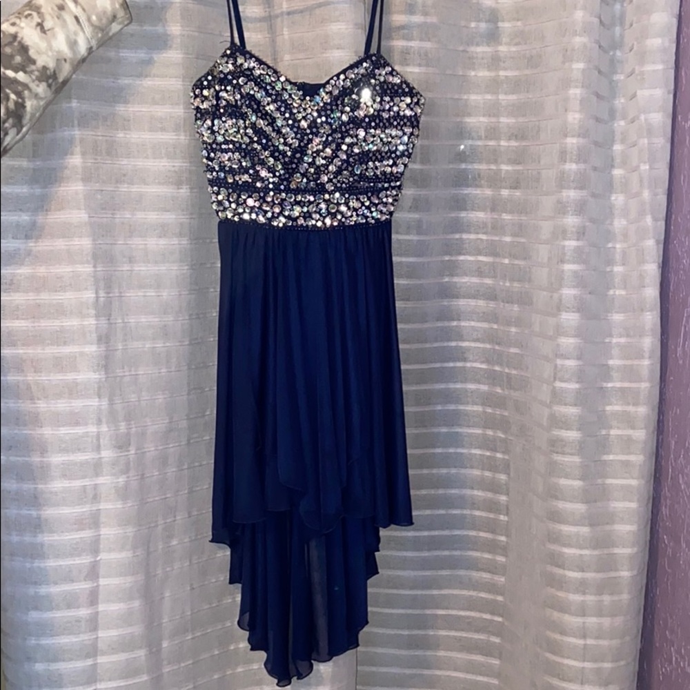 Low high, royal blue homecoming and prom dress.